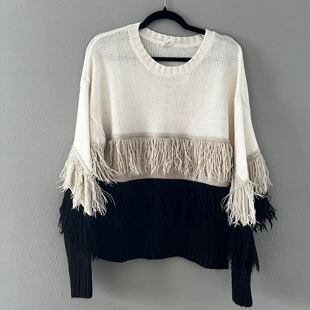 Flawless Fringe Sweater Woman's L Boho Colorblock Knit Cream‎ Black Western